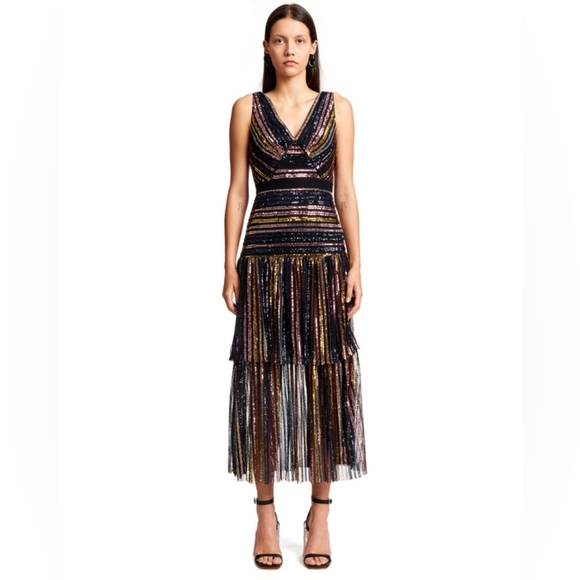 Self-Portrait Tiered Striped Sequin Midi Dress